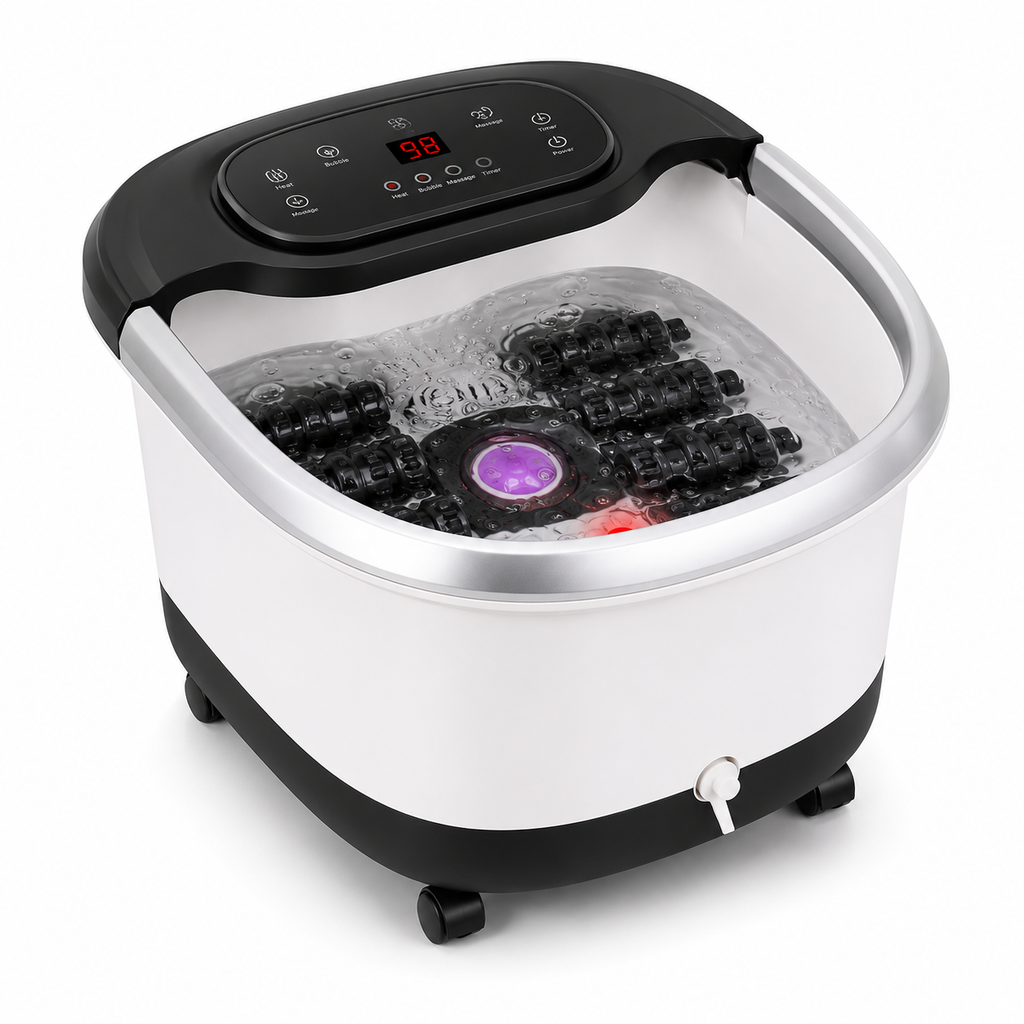 All in One Heated Foot Spa Massager with Motorized Shiatsu Rollers Oxygen Bubble Massage Adjustable Temperature Timer and Smart Drainage