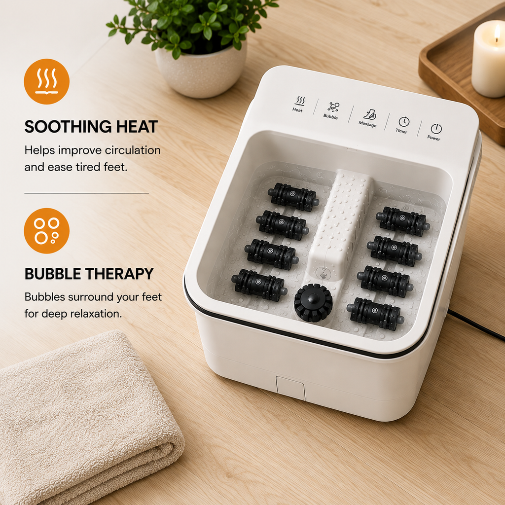 Portable Heated Foot Spa Massager with Bubble Therapy, Shiatsu Massage Rollers, Adjustable Temperature, Timer & Digital Controls for Home Relaxation