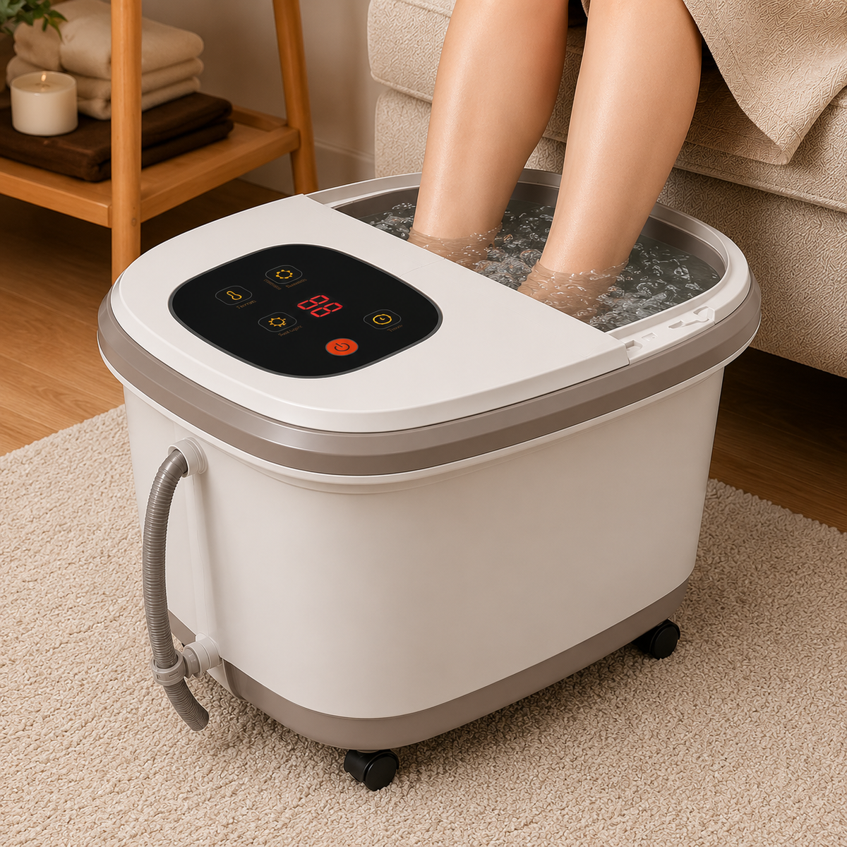 Heated Foot Spa Massager with Rolling Massage Adjustable Heat Bubble Jets Red Light Timer Deep Foot Bath for Home
