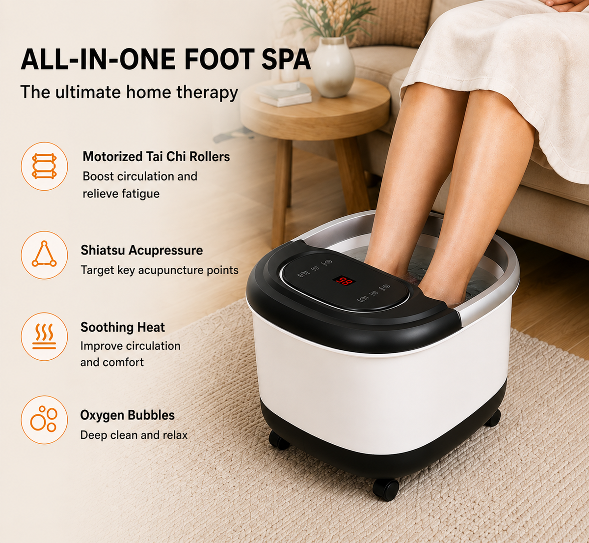 All in One Heated Foot Spa Massager with Motorized Shiatsu Rollers Oxygen Bubble Massage Adjustable Temperature Timer and Smart Drainage