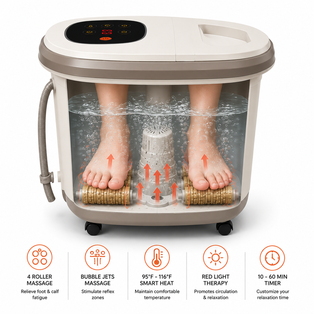 Heated Foot Spa Massager with Rolling Massage Adjustable Heat Bubble Jets Red Light Timer Deep Foot Bath for Home