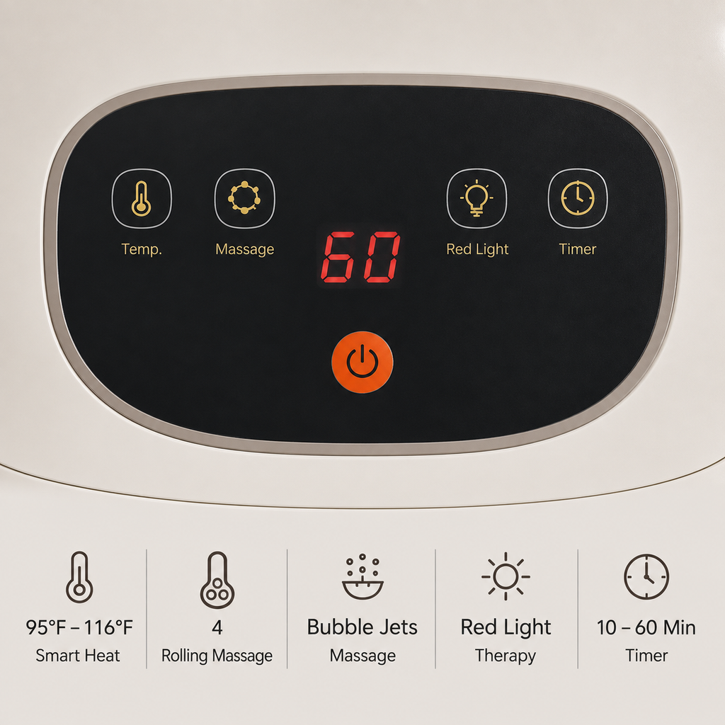Heated Foot Spa Massager with Rolling Massage Adjustable Heat Bubble Jets Red Light Timer Deep Foot Bath for Home