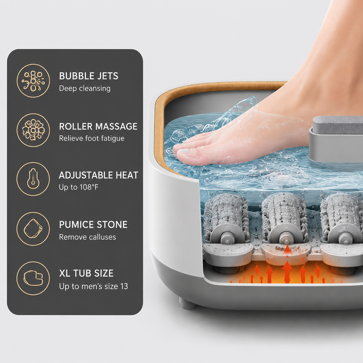 Heated Foot Spa Massager with Bubble Jets Roller Massage Adjustable Heat Digital Display Pumice Stone and XL Foot Tub for Home